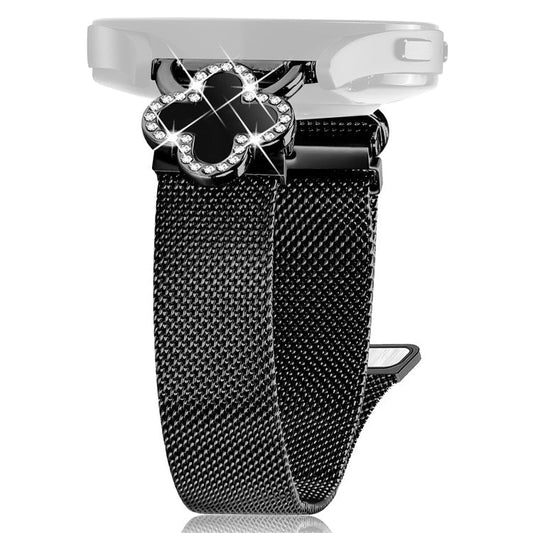 For Garmin Forerunner 245  /  245 Music Milanese Band Clover Decor Electroplated Stainless Steel Strap, Size: L - Black  /  Black