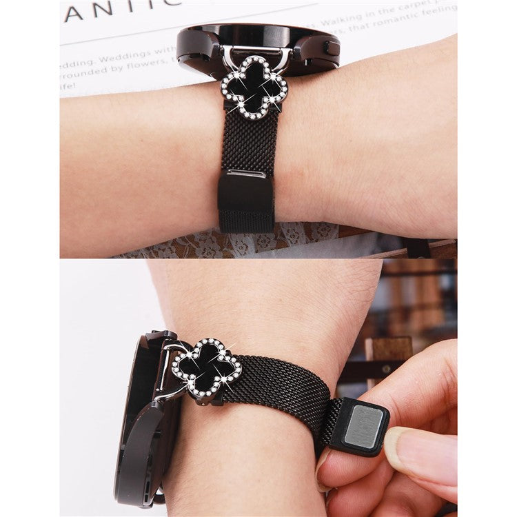 For Garmin Forerunner 245  /  245 Music Milanese Band Clover Decor Electroplated Stainless Steel Strap, Size: L - Black  /  Black