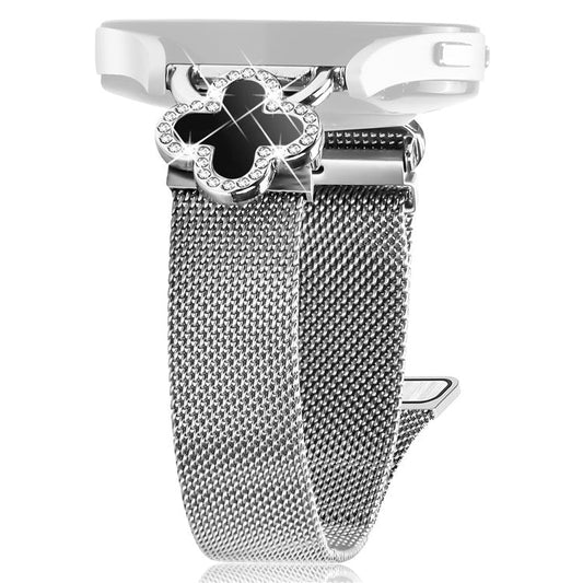 For Huawei Watch GT 3 42mm Milanese Band Metal Magnetic Watch Strap Clover Decor, Size: L - Silver  /  Black
