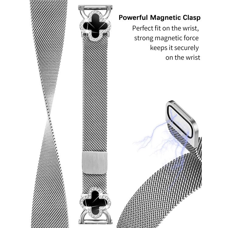For Huawei Watch GT 3 42mm Milanese Band Metal Magnetic Watch Strap Clover Decor, Size: L - Silver  /  Black