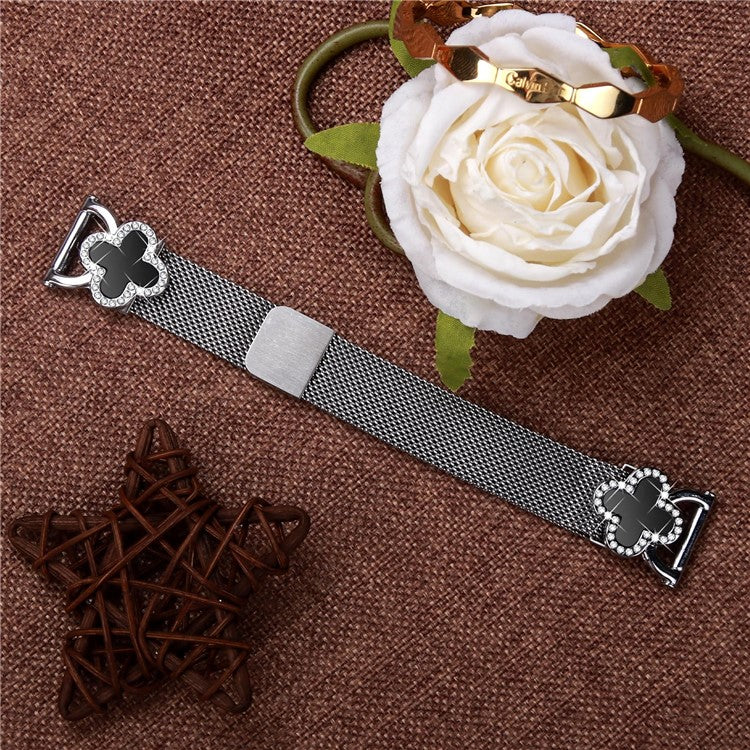 For Huawei Watch GT 3 42mm Milanese Band Metal Magnetic Watch Strap Clover Decor, Size: L - Silver  /  Black