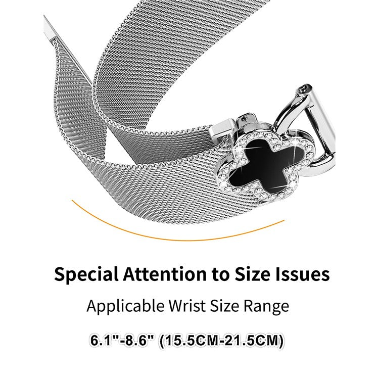 For Huawei Watch GT 3 42mm Milanese Band Metal Magnetic Watch Strap Clover Decor, Size: L - Silver  /  Black