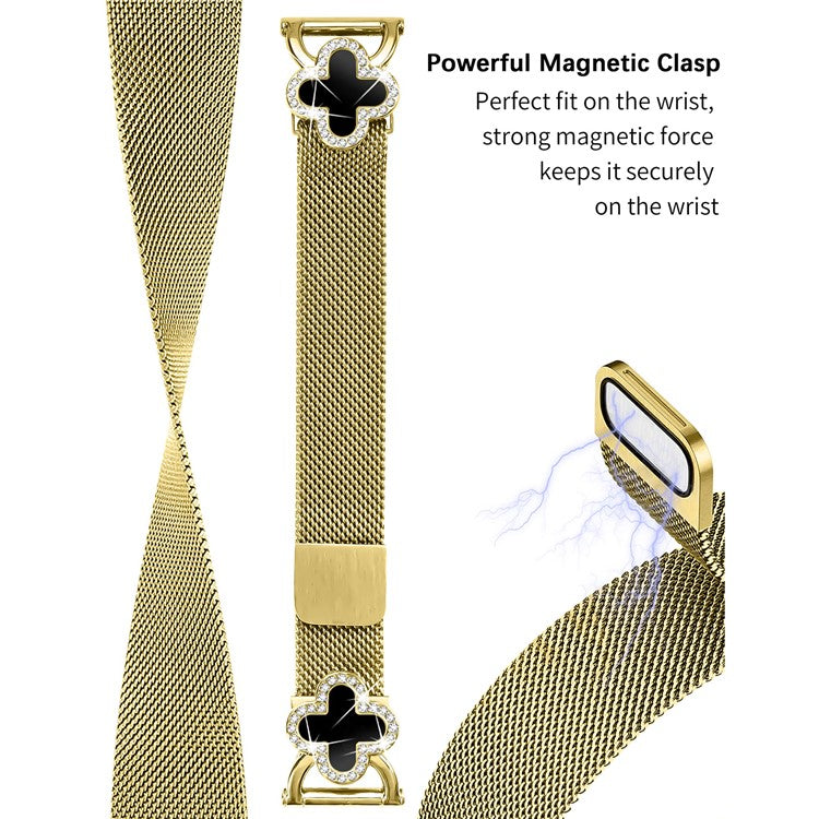 For Haylou BLING LS12 Milanese Band Clover Decor Electroplated Stainless Steel Strap, Size: L - Gold  /  Black