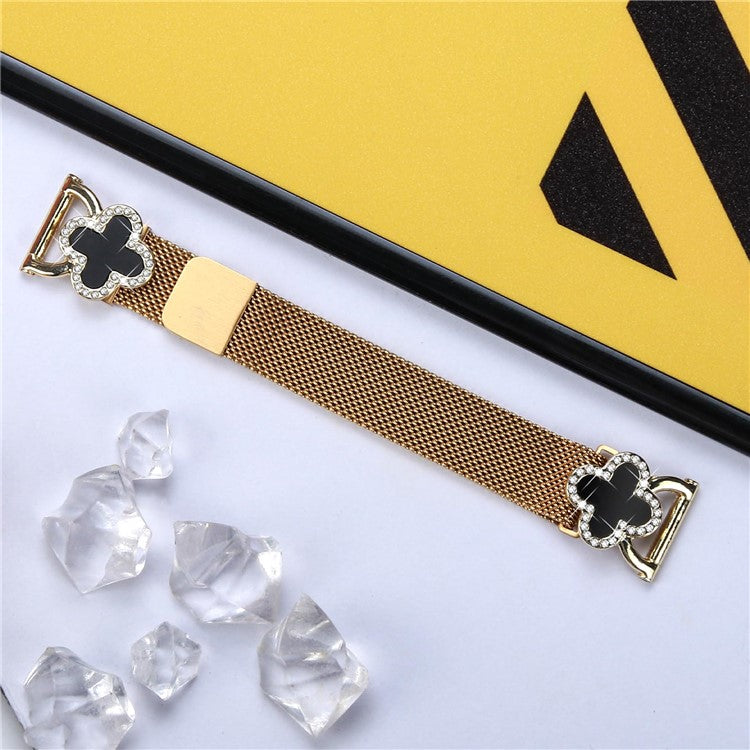 For Haylou BLING LS12 Milanese Band Clover Decor Electroplated Stainless Steel Strap, Size: L - Gold  /  Black