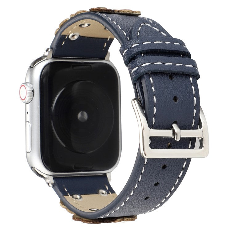 Watch Band For Apple Watch Series 10 Ultra 9 8 7 SE 6 5 4 3 2 1 46mm 49mm 45mm 44mm 42mm Floral Leather Strap - Blue