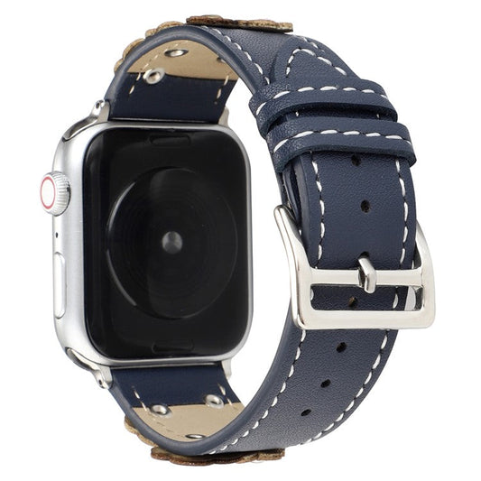 Watch Band For Apple Watch Series 10 Ultra 9 8 7 SE 6 5 4 3 2 1 46mm 49mm 45mm 44mm 42mm Floral Leather Strap - Blue