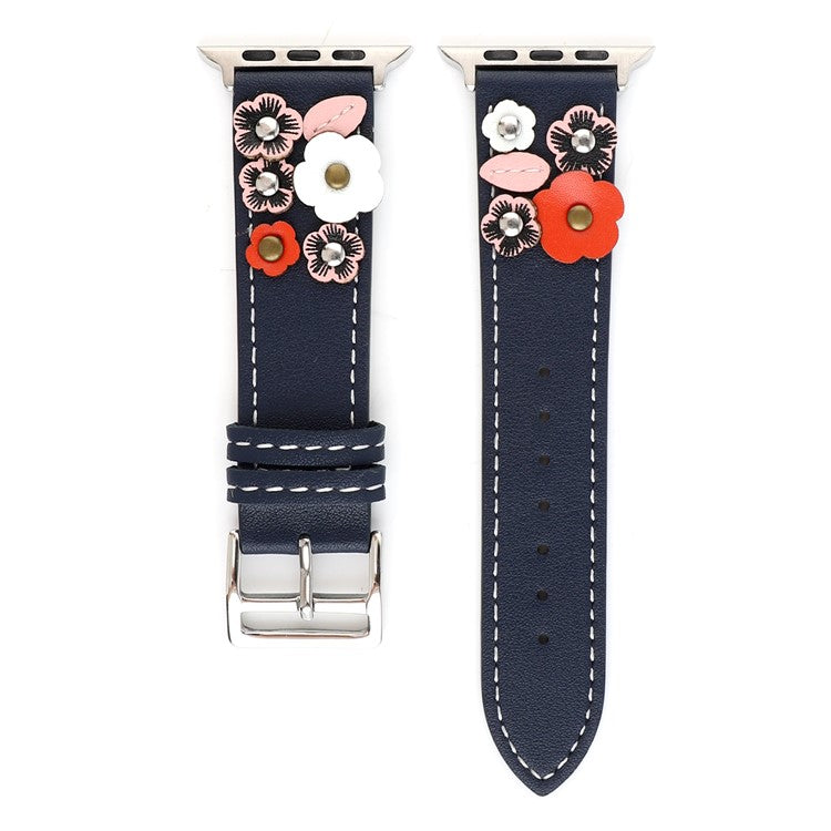 Watch Band For Apple Watch Series 10 Ultra 9 8 7 SE 6 5 4 3 2 1 46mm 49mm 45mm 44mm 42mm Floral Leather Strap - Blue