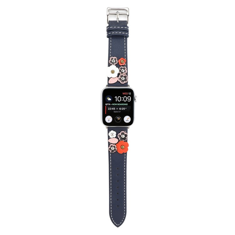Watch Band For Apple Watch Series 10 Ultra 9 8 7 SE 6 5 4 3 2 1 46mm 49mm 45mm 44mm 42mm Floral Leather Strap - Blue