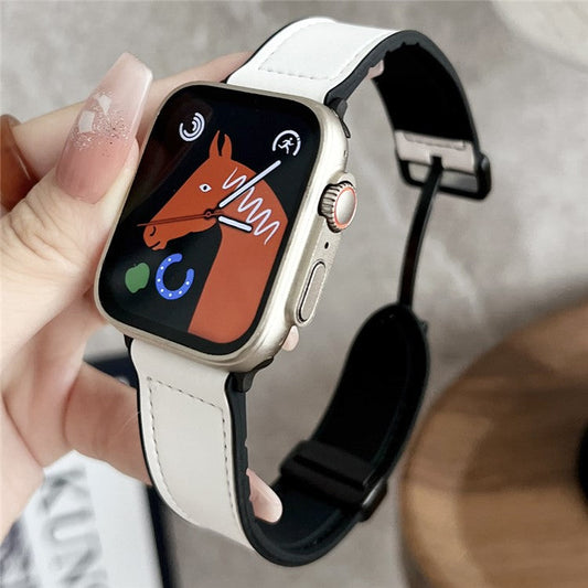 KALEBOL Magnetic Watch Strap for Apple Watch Series 10 9 8 7 SE 6 5 4 3 2 1 42mm 41mm 40mm 38mm Leather+Silicone Band - White
