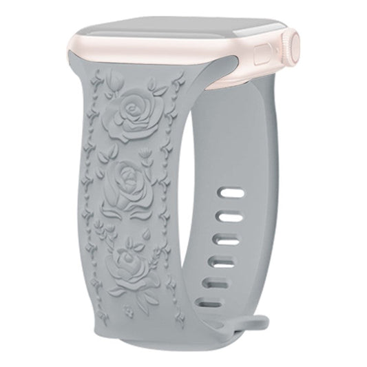 KALEBOL Rose Embossed Watch Strap for Apple Watch Series 10 9 8 7 SE 6 5 4 3 2 1 42mm 41mm 40mm 38mm Silicone Band - Grey