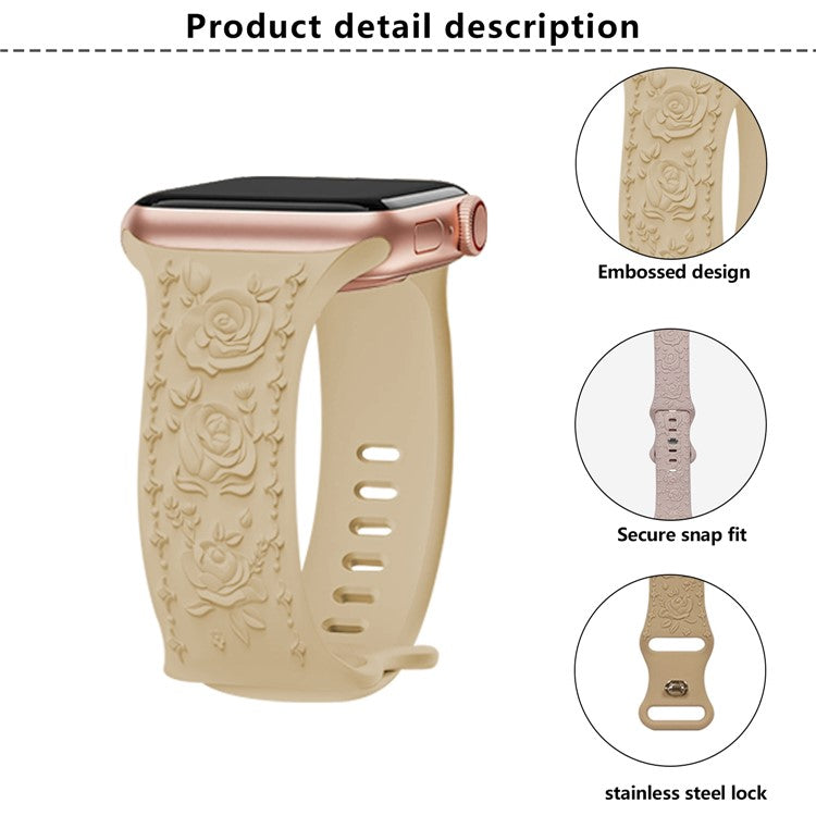 KALEBOL Rose Embossed Watch Strap for Apple Watch Series 10 9 8 7 SE 6 5 4 3 2 1 42mm 41mm 40mm 38mm Silicone Band - Brown