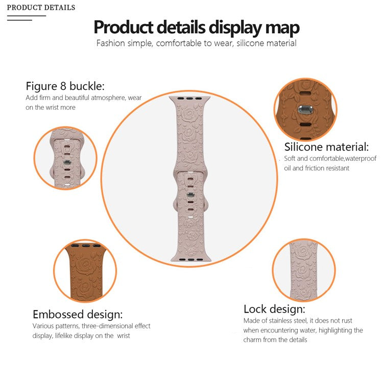 KALEBOL Rose Embossed Watch Strap for Apple Watch Series 10 9 8 7 SE 6 5 4 3 2 1 42mm 41mm 40mm 38mm Silicone Band - Brown