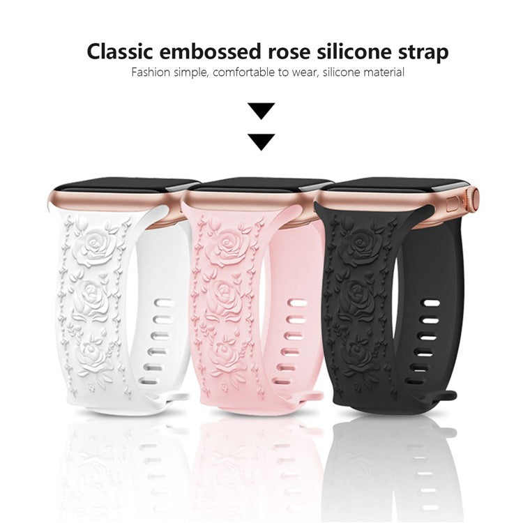 KALEBOL Rose Embossed Watch Strap for Apple Watch Series 10 9 8 7 SE 6 5 4 3 2 1 42mm 41mm 40mm 38mm Silicone Band - Brown