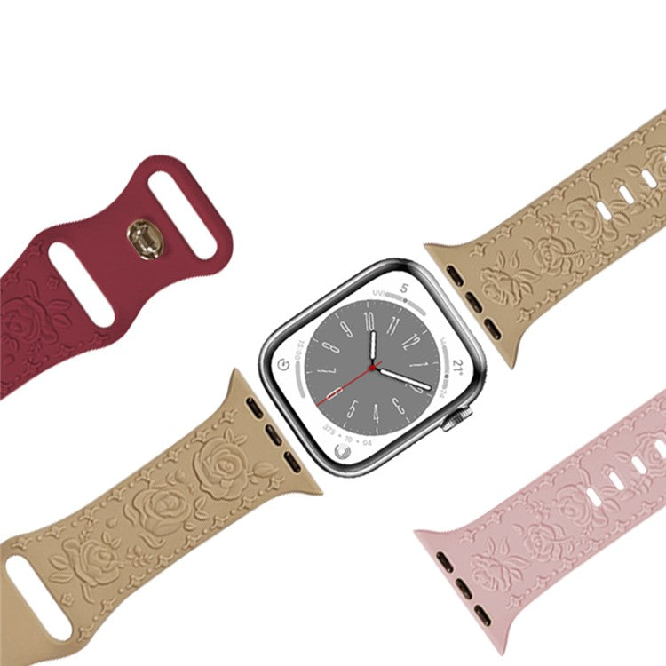 KALEBOL Rose Embossed Watch Strap for Apple Watch Series 10 9 8 7 SE 6 5 4 3 2 1 42mm 41mm 40mm 38mm Silicone Band - Brown