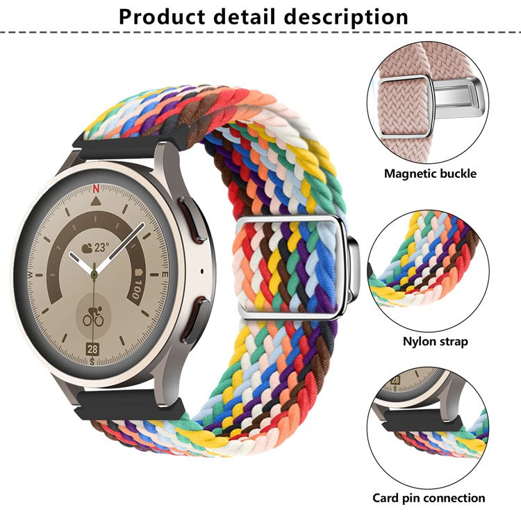 KALEBOL 20mm Magnetic Watch Strap for Samsung Galaxy Watch6 Classic 43mm / 47mm / Huawei Watch GT 4 41mm Nylon Band - Black Rainbow