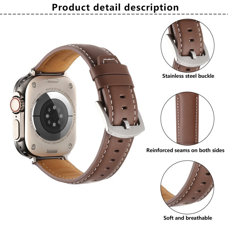 KALEBOL Genuine Cow Leather Watch Strap for Apple Watch Series 10 9 8 7 SE 6 5 4 3 2 1 42mm 41mm 40mm 38mm Flat Texture Band - Grey