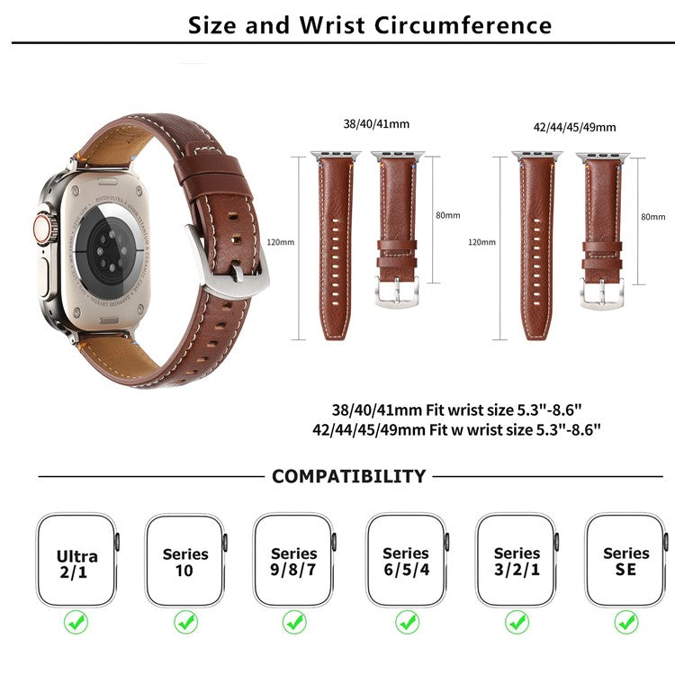 KALEBOL Genuine Cow Leather Watch Strap for Apple Watch Series 10 9 8 7 SE 6 5 4 3 2 1 42mm 41mm 40mm 38mm Flat Texture Band - Grey