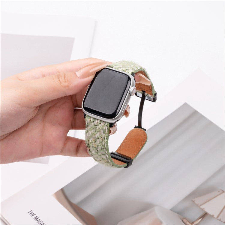 Genuine Cow Leather+Wool Watch Band for Apple Watch Series 10 9 8 7 SE 6 5 4 3 2 1 42mm 41mm 40mm 38mm Wrist Strap - Green