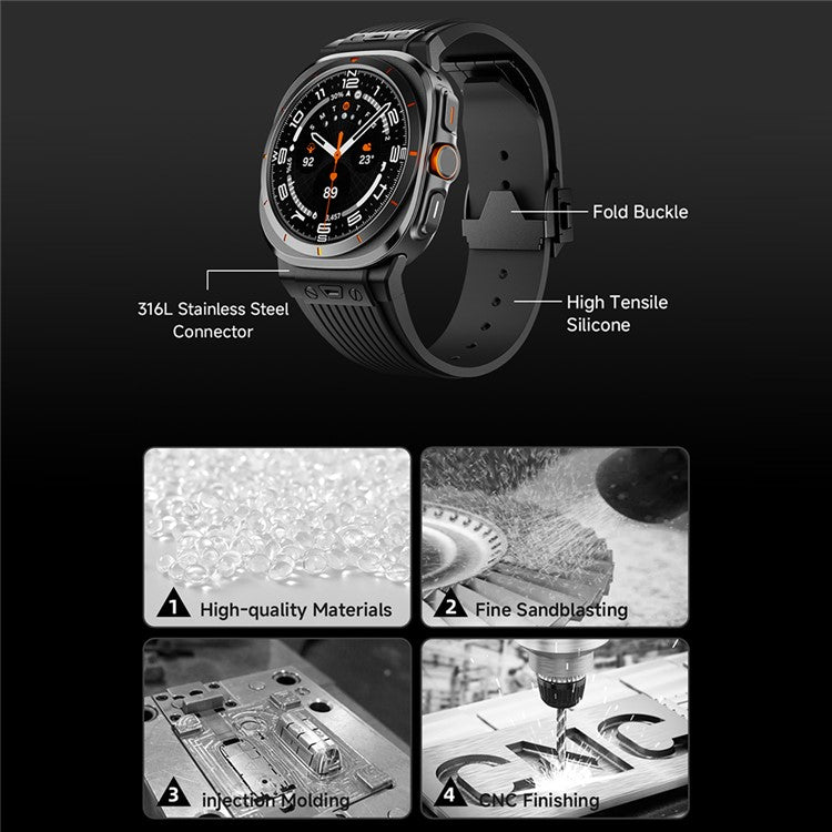 For Samsung Galaxy Watch Ultra 47mm Silicone Band Black Connector Black Buckle Watch Strap - White