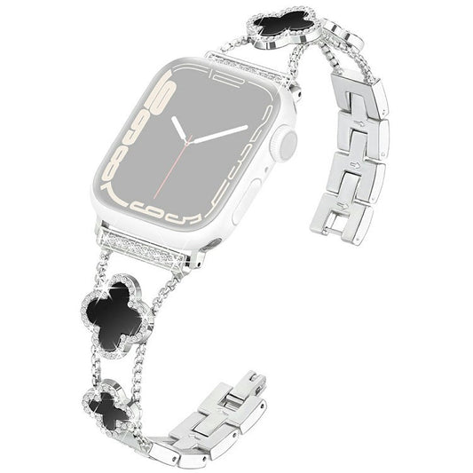 KALEBOL Metal Watch Band for Apple Watch Series 10 9 8 7 SE 6 5 4 3 2 1 42mm 41mm 40mm 38mm Rhinestone Clover Zinc Alloy Strap - Silver