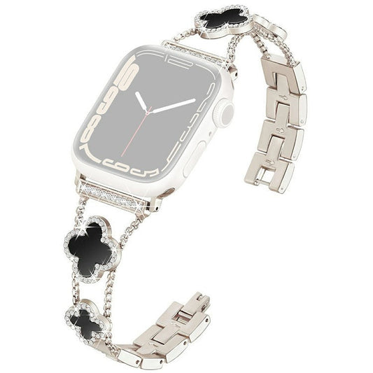KALEBOL Metal Watch Band for Apple Watch Series 10 Ultra 9 8 7 SE 6 5 4 3 2 1 46mm 49mm 45mm 44mm 42mm Rhinestone Clover Zinc Alloy Strap - Starlight