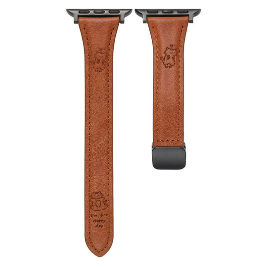 Leather Strap for Apple Watch Series 10 9 8 7 SE 6 5 4 3 2 1 42mm 41mm 40mm 38mm Watch Band Cartoon Cat Design - Brown
