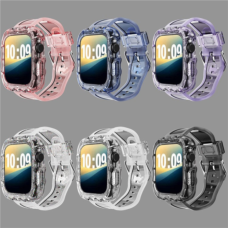 For Apple Watch Series 10 46mm Watch Case with Band Wave Pattern Integrated Watch Strap TPU Adjustable - White Glitter