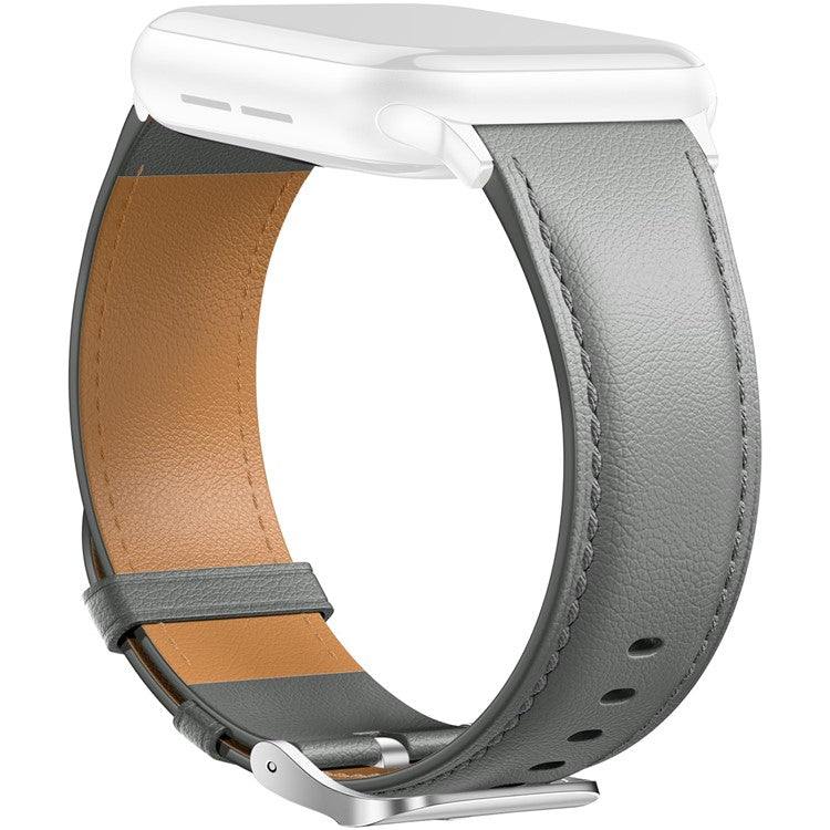 Leather Band For Apple Watch Series 10 Ultra 9 8 7 SE 6 5 4 3 2 1 46mm 49mm 45mm 44mm 42mm Pointed Tail Strap Silver Buckle - Grey
