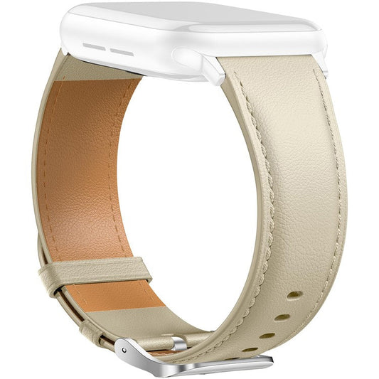 Leather Band For Apple Watch Series 10 Ultra 9 8 7 SE 6 5 4 3 2 1 46mm 49mm 45mm 44mm 42mm Pointed Tail Strap Silver Buckle - Apricot