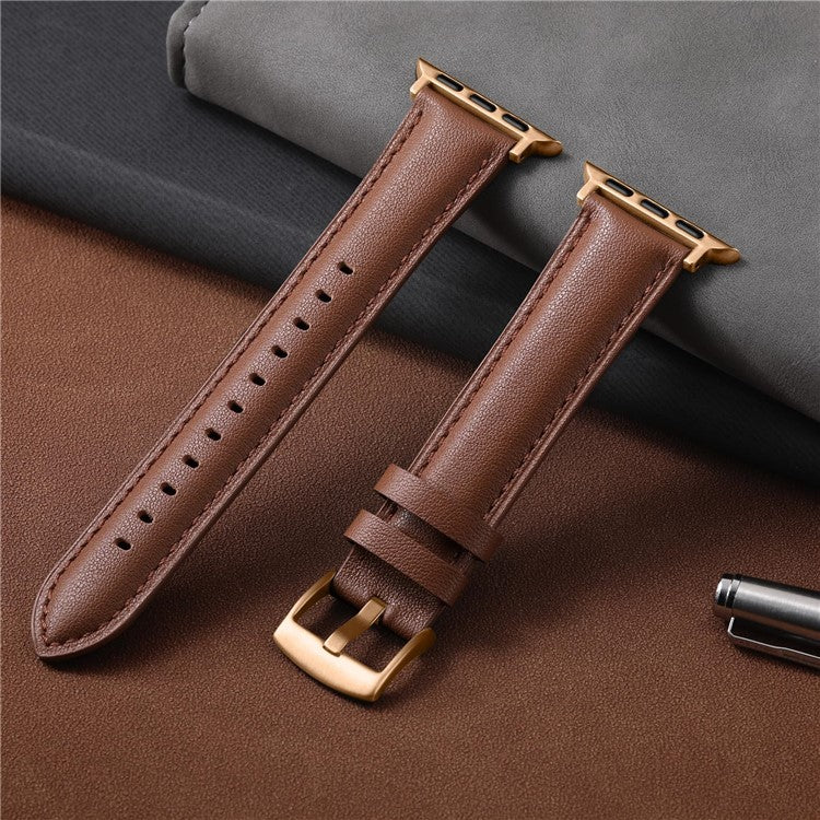 Leather Band For Apple Watch Series 10 9 8 7 SE 6 5 4 3 2 1 42mm 41mm 40mm 38mm Pointed Tail Strap Electroplated Buckle - Brown  /  Rose Gold