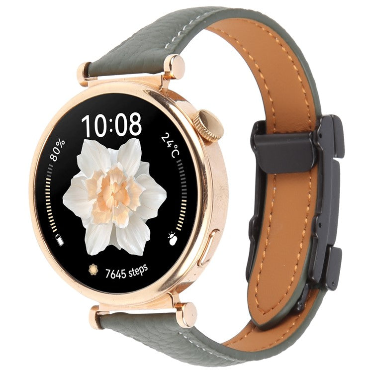 20mm Genuine Cow Leather Strap for Samsung Galaxy Watch7 44mm / 40mm / Huawei Watch GT 3 42mm Litchi Texture Magnetic Watch Band - Blackish Green