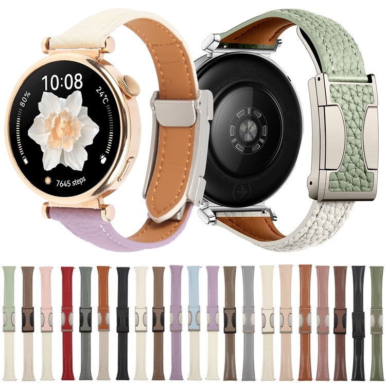 20mm Genuine Cow Leather Strap for Samsung Galaxy Watch7 44mm / 40mm / Huawei Watch GT 3 42mm Litchi Texture Magnetic Watch Band - Blackish Green