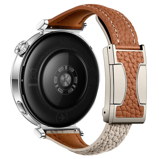 22mm Genuine Cow Leather Strap for Huawei Watch GT 5 Pro 46mm / GT 5 46mm / GT 4 46mm Litchi Texture Magnetic Buckle Watch Band - Brown+Light Grey