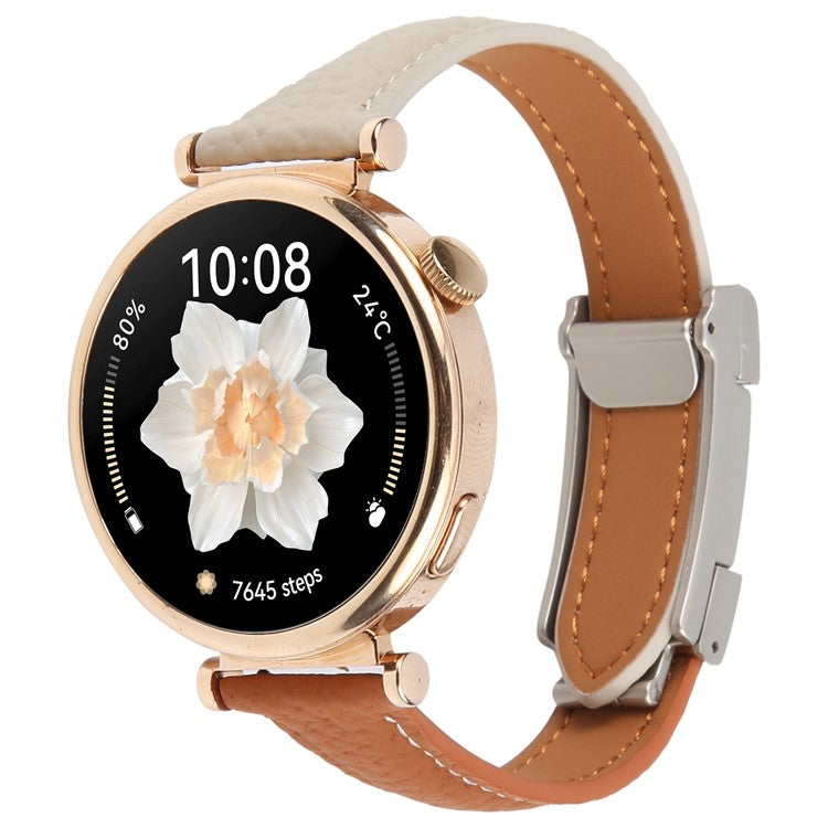 22mm Genuine Cow Leather Strap for Huawei Watch GT 5 Pro 46mm / GT 5 46mm / GT 4 46mm Litchi Texture Magnetic Buckle Watch Band - Brown+Light Grey