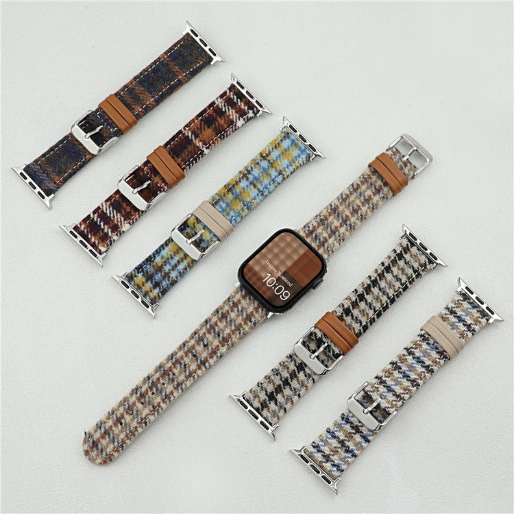 Watch Band For Apple Watch Series 10 9 8 7 SE 6 5 4 3 2 1 42mm 41mm 40mm 38mm Vintage Wool + Leather Strap Bracelet - Light Brown + Blue