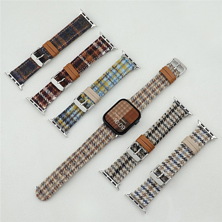 Watch Band For Apple Watch Series 10 Ultra 9 8 7 SE 6 5 4 3 2 1 46mm 49mm 45mm 44mm 42mm Vintage Wool + Leather Strap - Vertical Stripe + Black