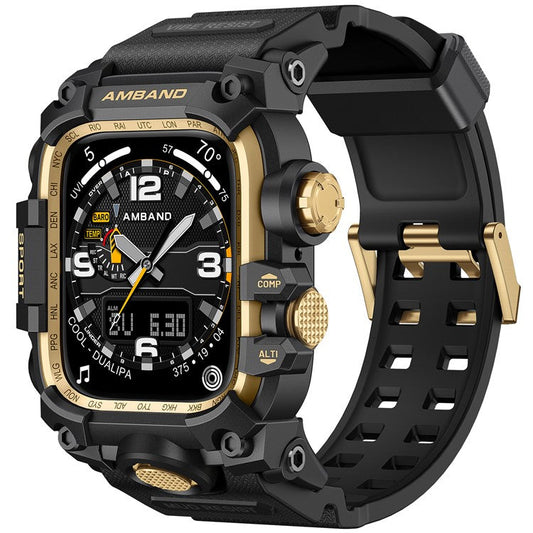 AMBAND Watch Band for Apple Watch Series 9 / 8 / 7 45mm Bump Proof TPU Strap with Integrated Watch Case - Black  /  Gold
