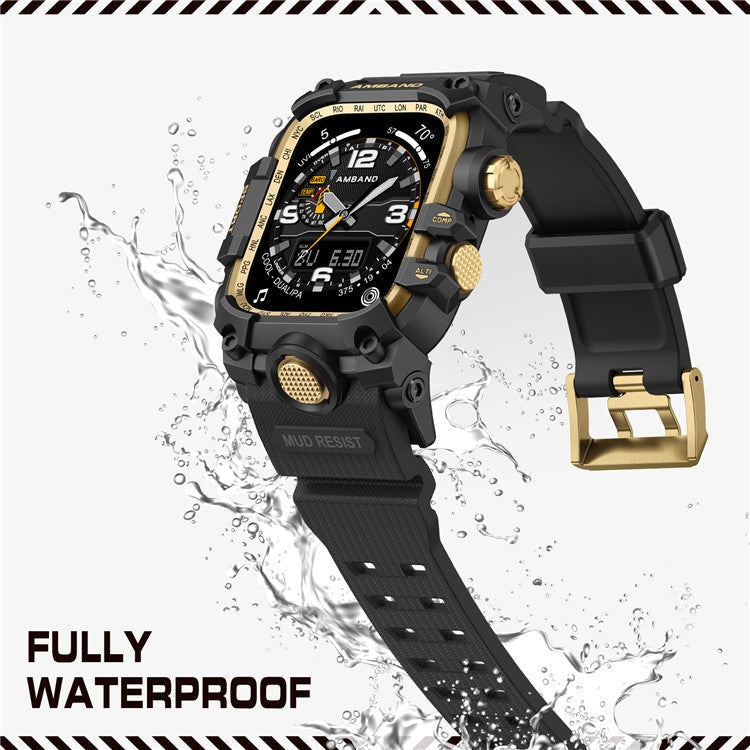 AMBAND Watch Band for Apple Watch Series 9 / 8 / 7 45mm Bump Proof TPU Strap with Integrated Watch Case - Black  /  Gold