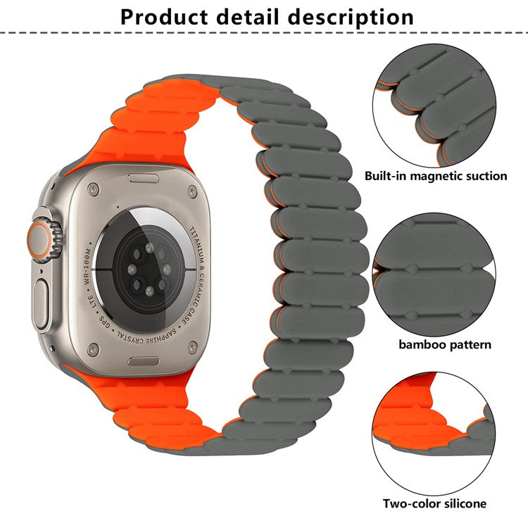 KALEBOL Magnetic Silicone Band for Apple Watch Series 10 Ultra 9 8 7 SE 6 5 4 3 2 1 46mm 49mm 45mm 44mm 42mm Bamboo Joint Strap - Grey + Orange