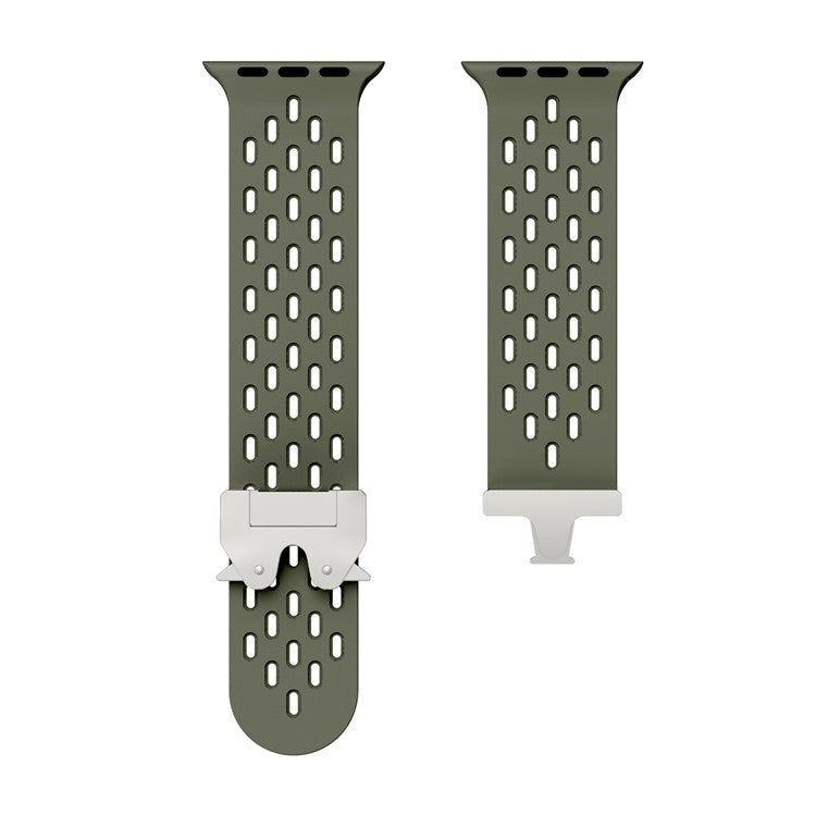KALEBOL Silicone Band For Apple Watch Series 10 Ultra 9 8 7 SE 6 5 4 3 2 1 46mm 49mm 45mm 44mm 42mm Hollow Strap with Silver Buckle - Army Green