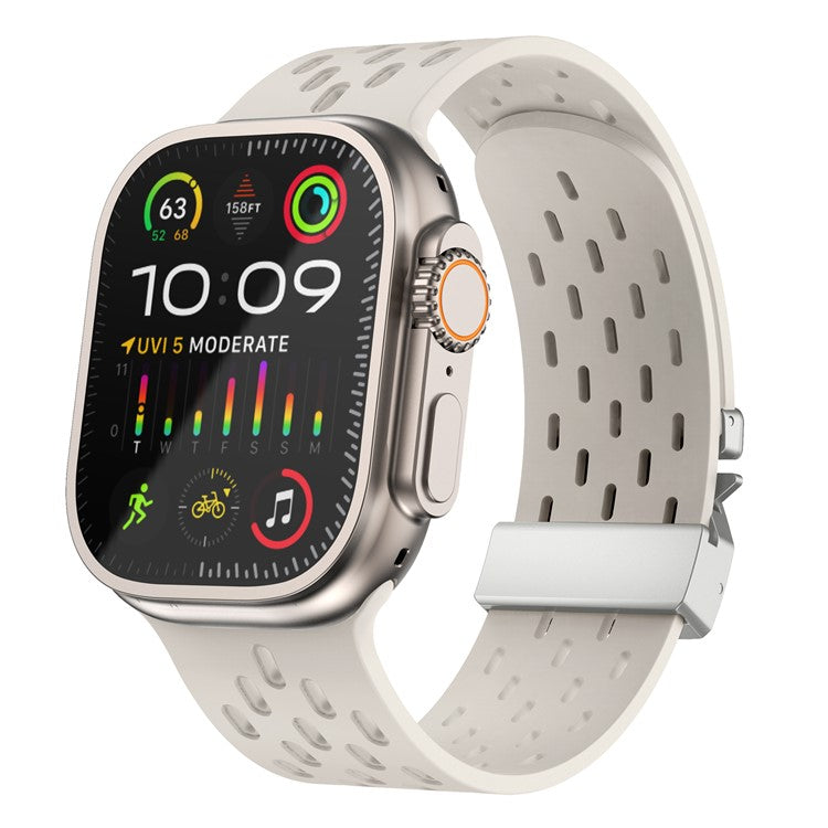 KALEBOL Silicone Band For Apple Watch Series 10 Ultra 9 8 7 SE 6 5 4 3 2 1 46mm 49mm 45mm 44mm 42mm Hollow Strap with Silver Buckle - Starlight