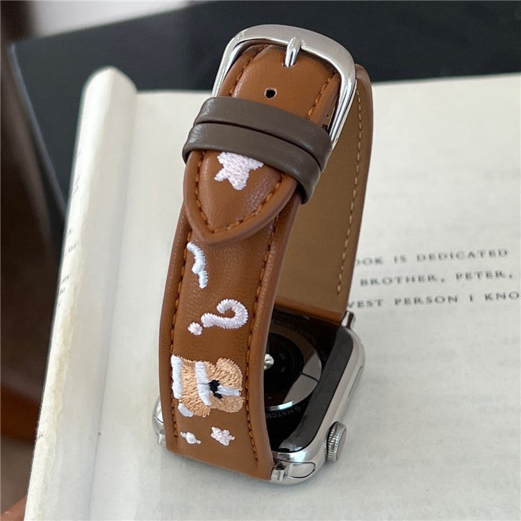 Leather Strap for Apple Watch Series 10 9 8 7 SE 6 5 4 3 2 1 42mm 41mm 40mm 38mm Cat Embroidery Adjustable Band - Apricot