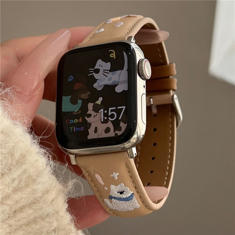 Leather Strap for Apple Watch Series 10 9 8 7 SE 6 5 4 3 2 1 42mm 41mm 40mm 38mm Cat Embroidery Adjustable Band - Apricot
