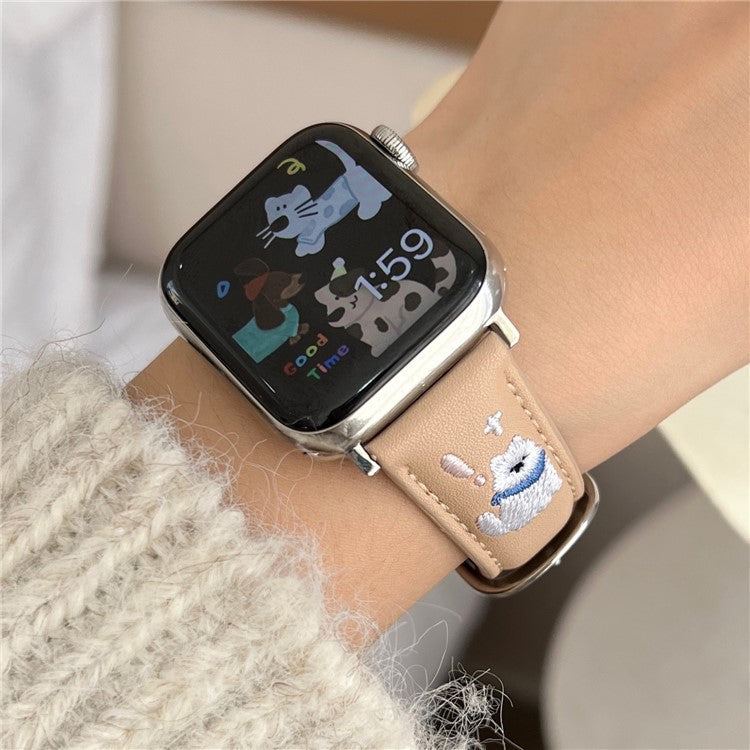 Leather Strap for Apple Watch Series 10 9 8 7 SE 6 5 4 3 2 1 42mm 41mm 40mm 38mm Cat Embroidery Adjustable Band - Apricot