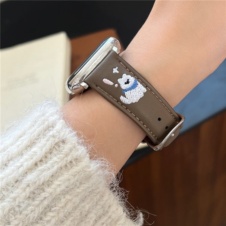 Leather Strap for Apple Watch Series 10 9 8 7 SE 6 5 4 3 2 1 42mm 41mm 40mm 38mm Cat Embroidery Adjustable Band - Apricot
