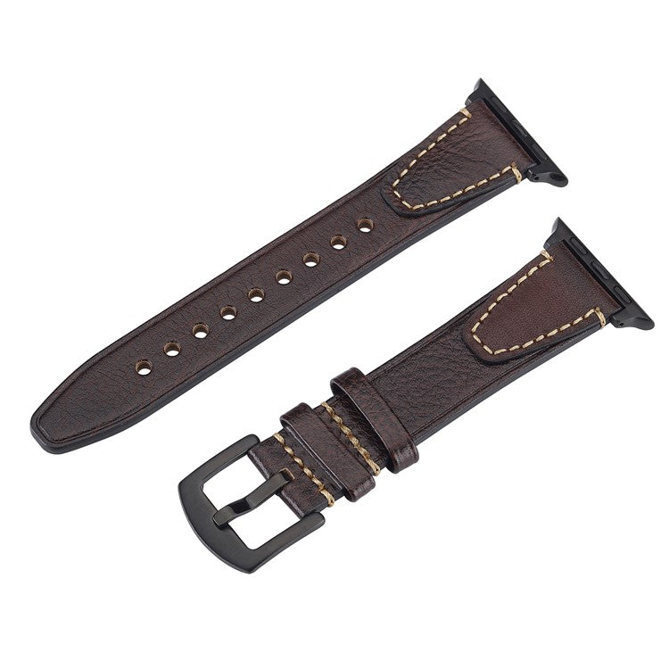 Watch Band for Apple Watch Series 10 Ultra 9 8 7 SE 6 5 4 3 2 1 46mm 49mm 45mm 44mm 42mm U-shaped Design Genuine Cow Leather Strap - Coffee