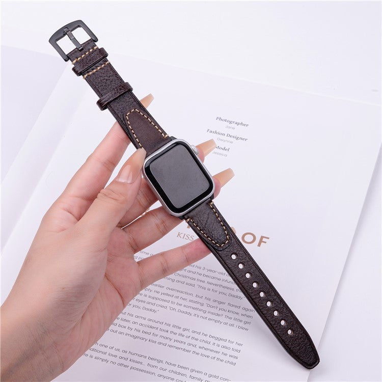Watch Band for Apple Watch Series 10 Ultra 9 8 7 SE 6 5 4 3 2 1 46mm 49mm 45mm 44mm 42mm U-shaped Design Genuine Cow Leather Strap - Coffee