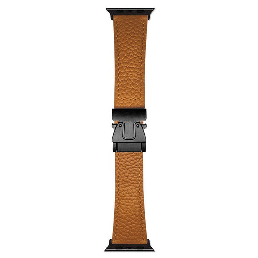 Genuine Cow Leather Strap for Apple Watch Series 10 9 8 7 SE 6 5 4 3 2 1 42mm 41mm 40mm 38mm Litchi Texture Magnetic Buckle Watch Band - Brown