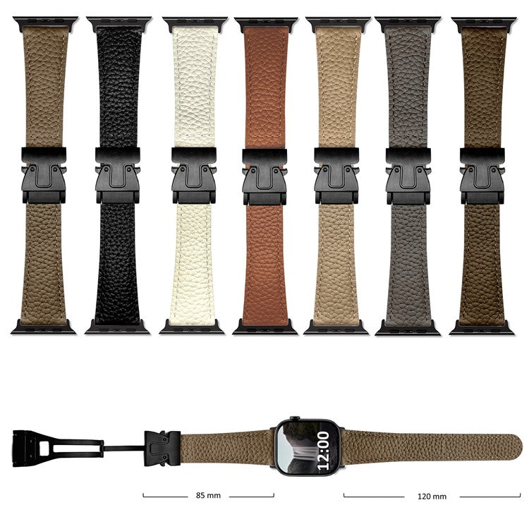 Genuine Cow Leather Strap for Apple Watch Series 10 9 8 7 SE 6 5 4 3 2 1 42mm 41mm 40mm 38mm Litchi Texture Magnetic Buckle Watch Band - Brown
