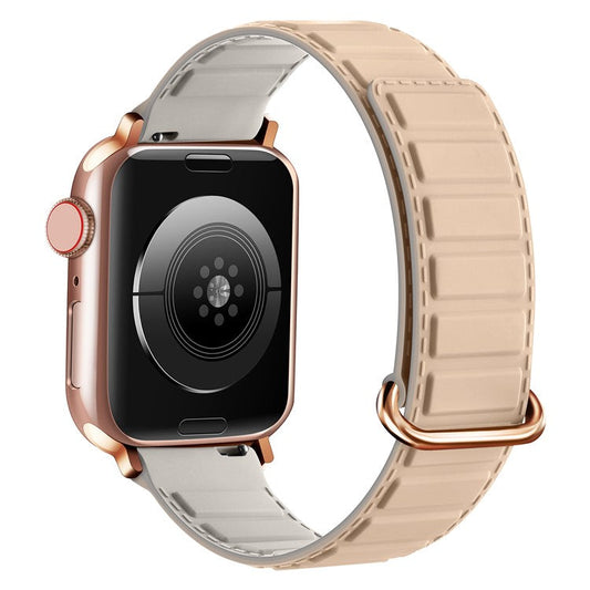 Silicone Strap for Apple Watch Series 10 9 8 7 SE 6 5 4 3 2 1 42mm 41mm 40mm 38mm Magnetic Reverse Buckle Watch Band - Milk Tea+ Rock Grey
